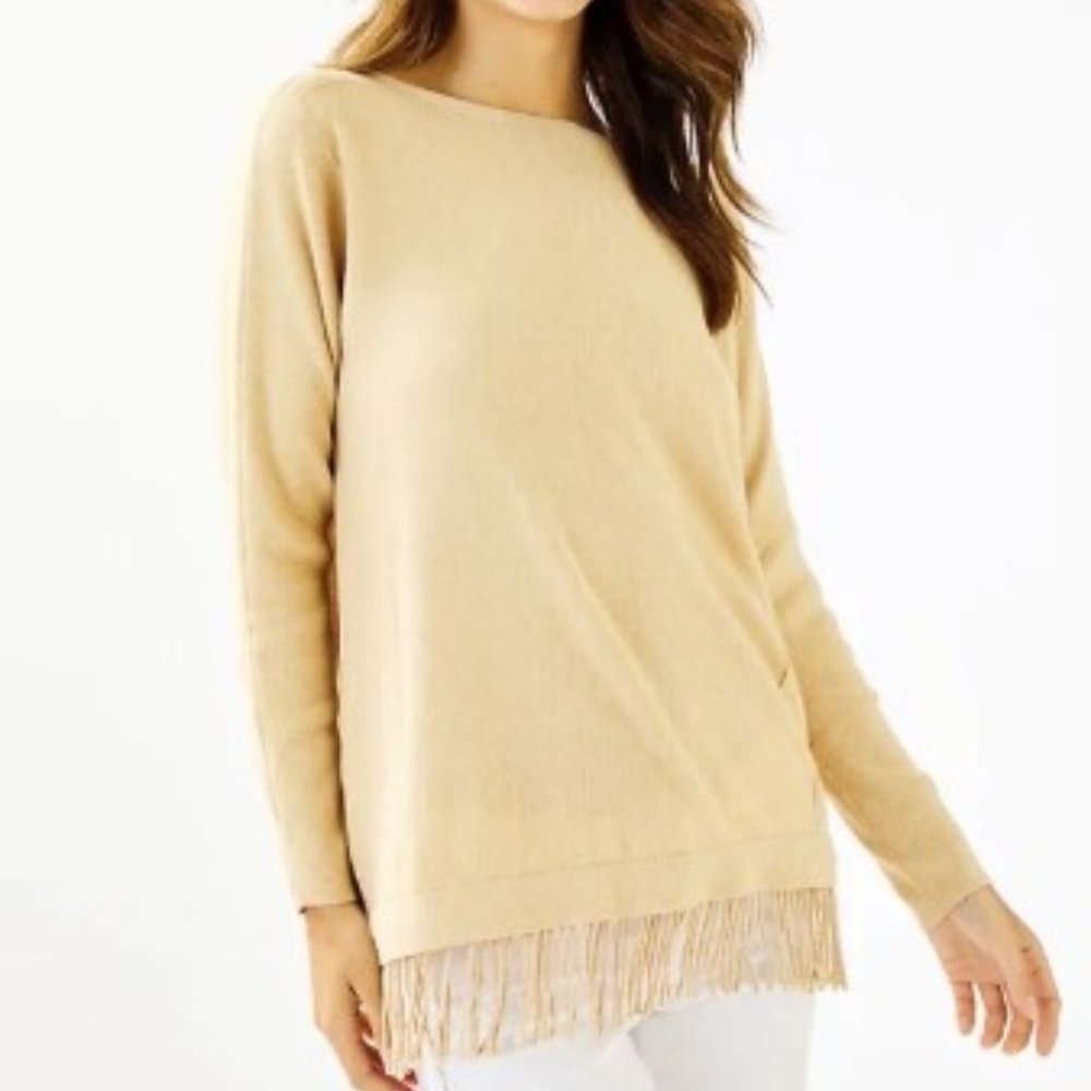 Lilly Pulitzer Glenda Sweater in Heather Sand Bar, Size XL, with Fringe Hem EUC